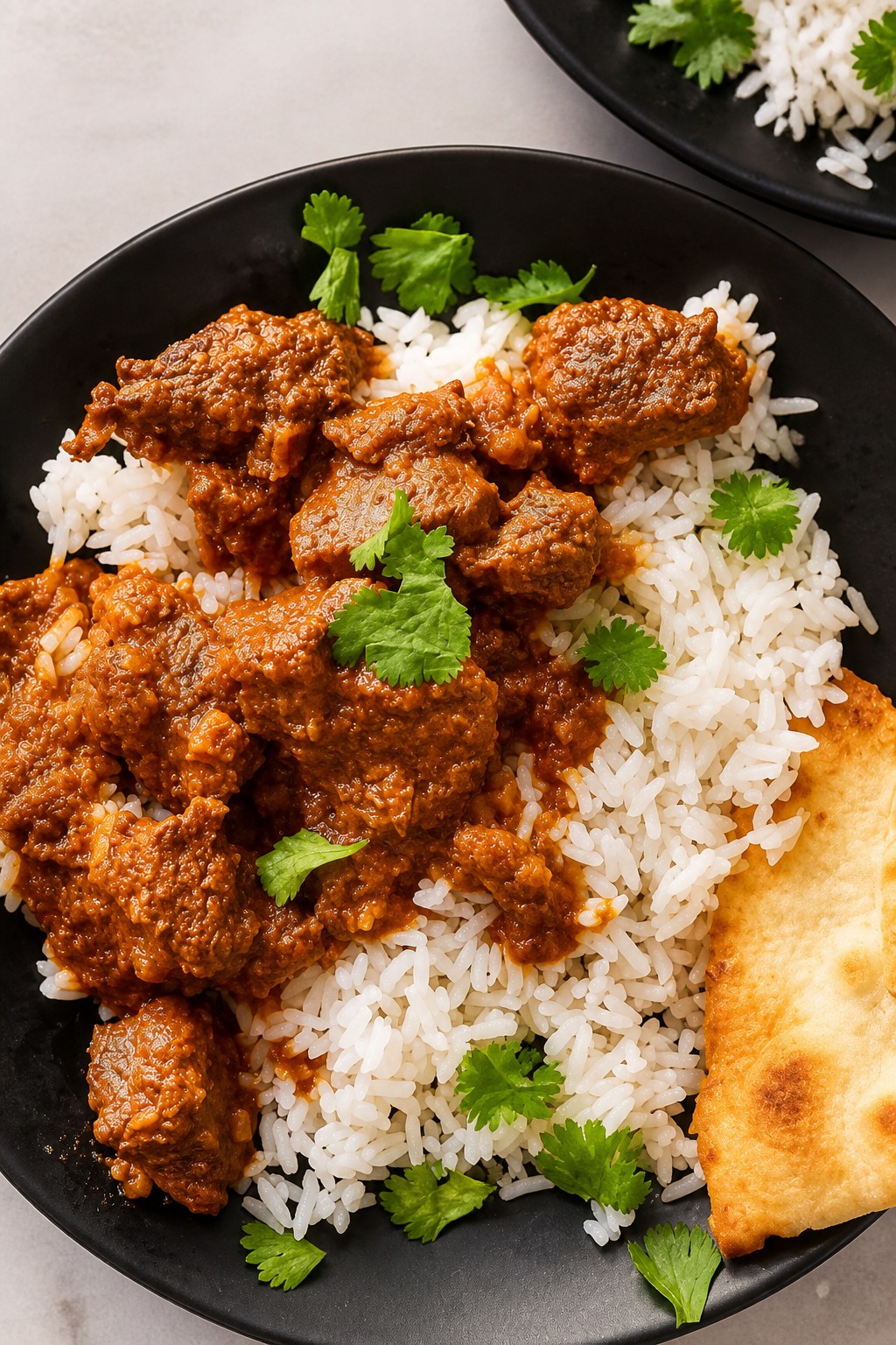 A fragrant lamb curry served over basmati rice with cilantro garnish on a black plate
