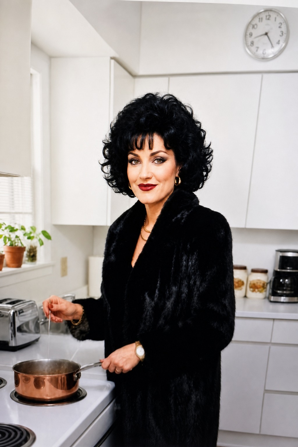 A woman in a black blazer in a bright kitchen, smiling for the camera