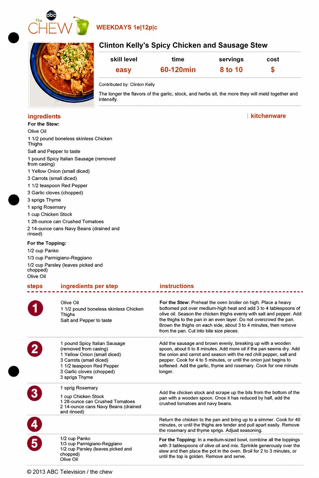 Clinton Kelly's Spicy Chicken and Sausage Stew recipe card from The Chew
