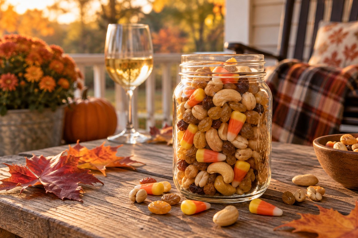 A glass Ball jar of Scarecrow Crack &mdash; candy corn, cashews, peanuts, and raisins &mdash; on a fall porch table beside a glass of white wine